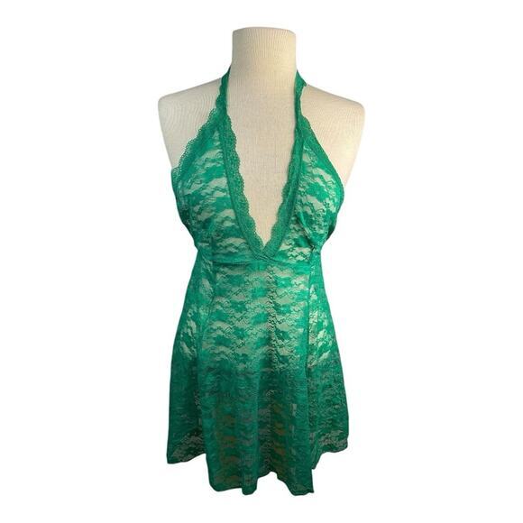 Frederick’s of Hollywood Halter 2 Piece Lace Teddy‎ Thong Set Margherita Green M - Picture 2 of 6
